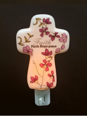 Porcelain "Faith Hope Peace" Cross Night Light with Gift Box